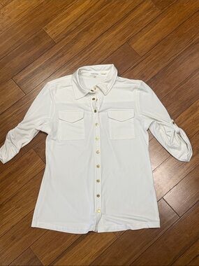 Calvin Klein White Utility Button-Up Blouse with Gold Buttons